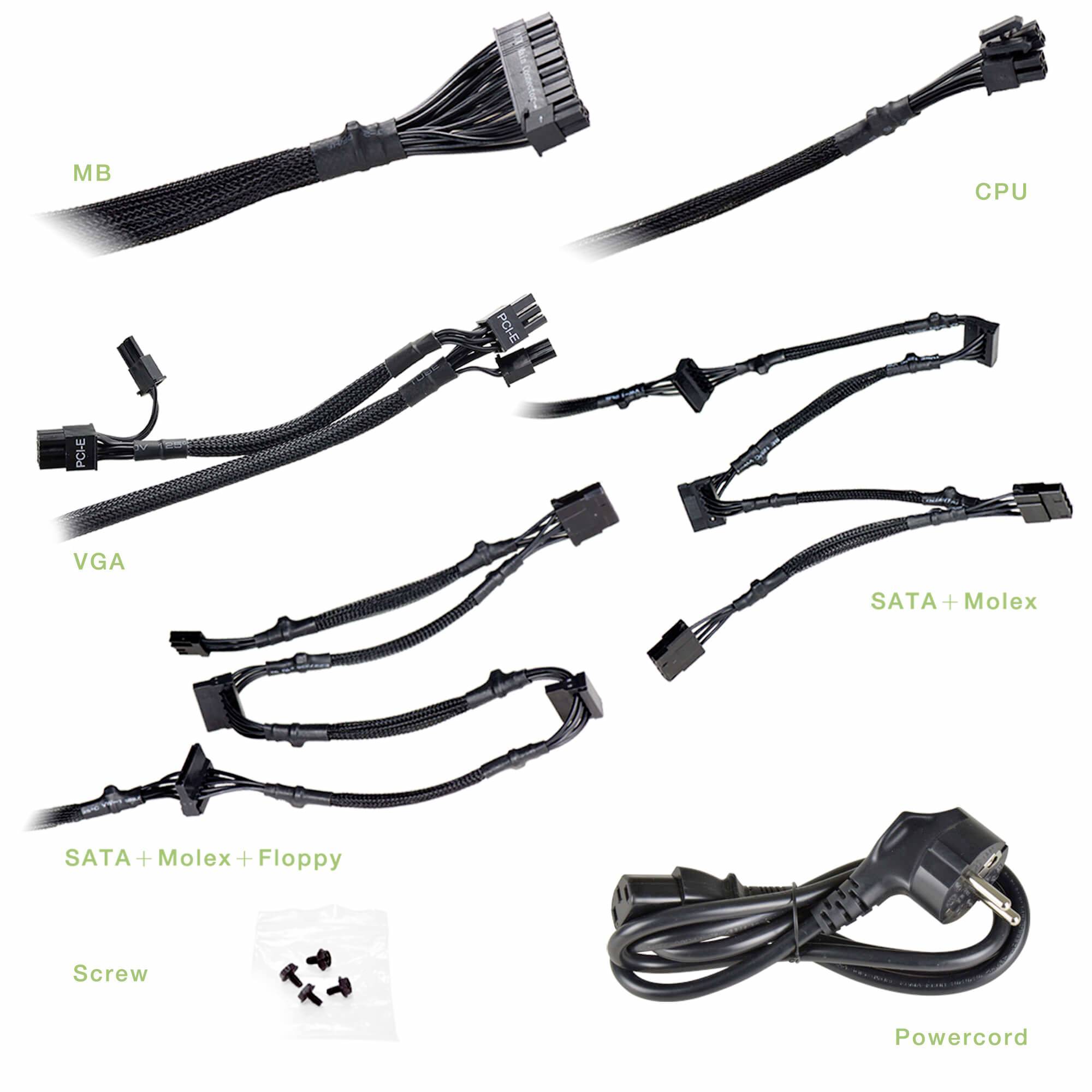 'Computerkabelset met 24-pins moederbord, CPU, VGA, SATA, Molex en stroomkabels. Inclusief schroeven voor montage.'