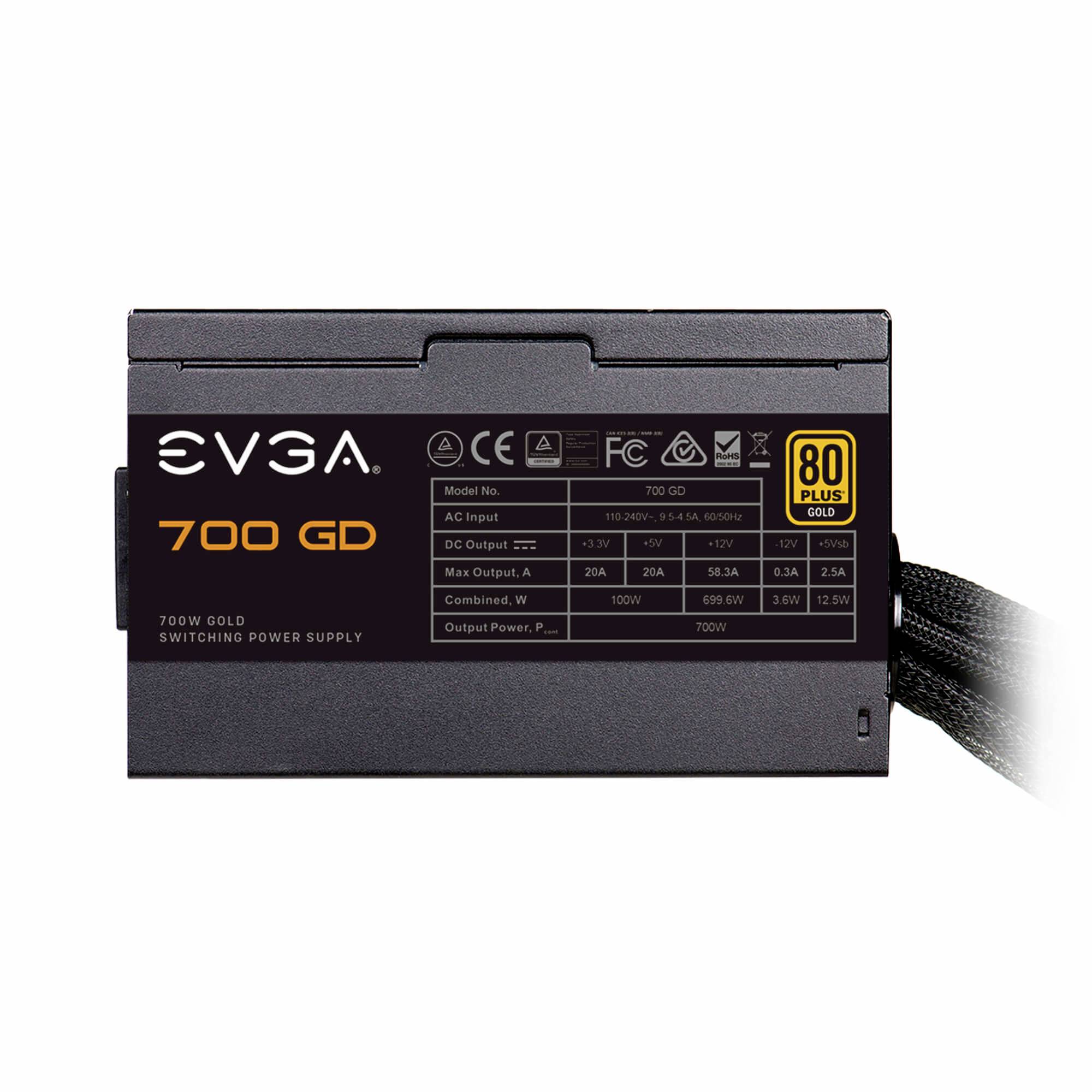 Voedingsunit EVGA 700 GD met 700W vermogen, 80 Plus Gold certificering; technische specificaties worden weergegeven op de pagina.