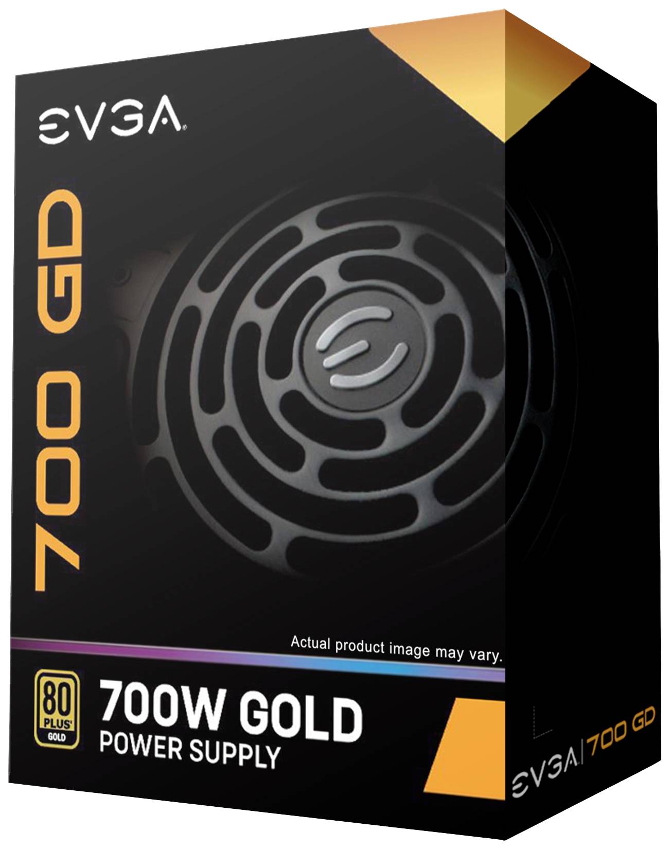 Een zwarte verpakking van een EVGA 700W Gold voeding met een oranje-gele opdruk '700 GD' en een '80 PLUS GOLD'-embleem.