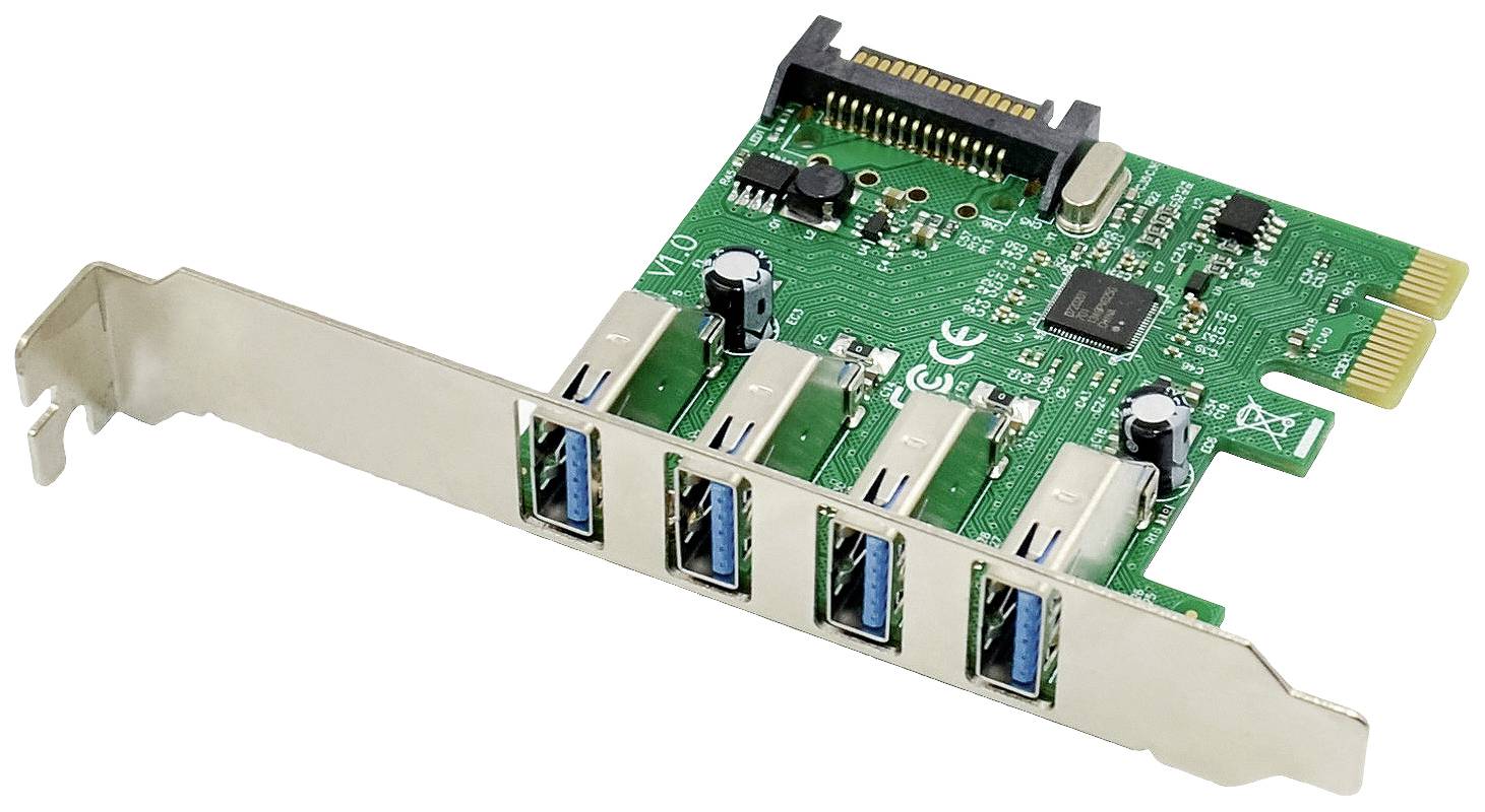 Groene PCIe-uitbreidingskaart met vijf USB 3.0-poorten en elektronische componenten voor het uitbreiden van computeraansluitingen.