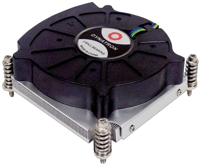 Op de afbeelding staat een zwarte computerventilator met metalen bevestigingen en kabels, gebruikt voor de koeling van processors in elektronische apparaten.