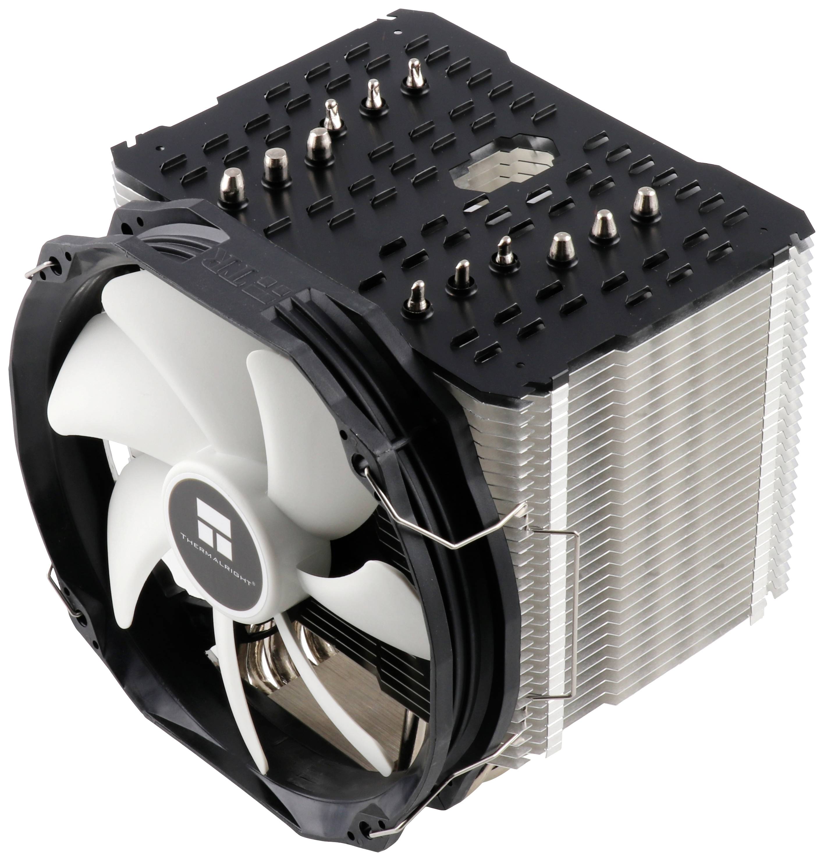 Grote CPU-koeler met meerdere aluminium lamellen, een grote ventilator en verschillende heatpipes voor efficiënte warmteafvoer.