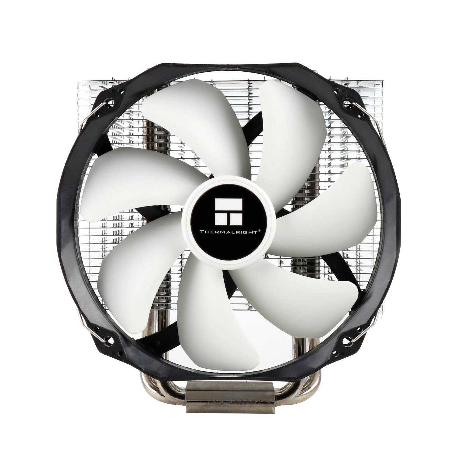 'Grote CPU-koeler met witte ventilatorbladen en metalen heatsink, geschikt voor effectieve warmteafvoer in computers.'