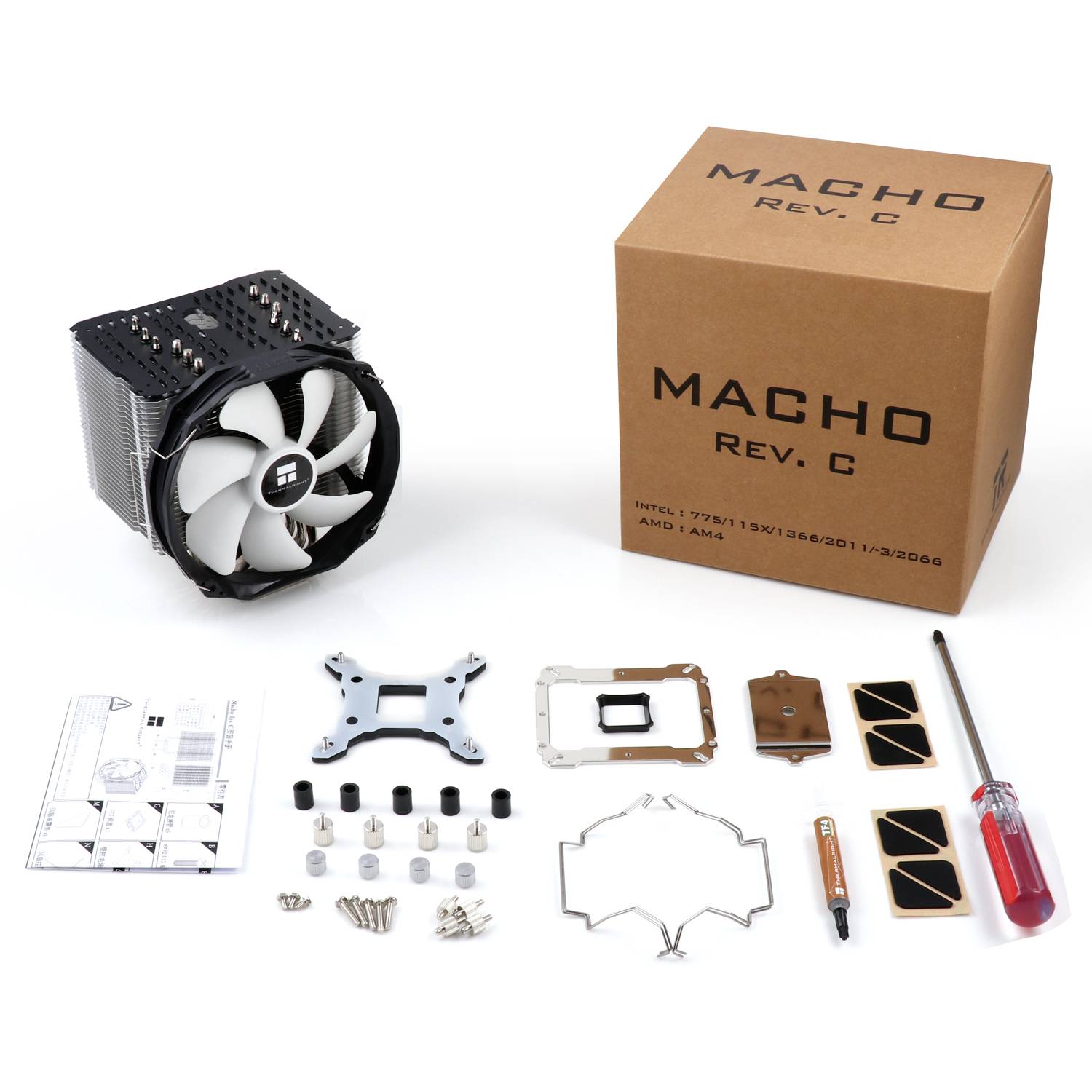 Aircooler met ventilator, montageset, handleiding, thermische pasta, schroevendraaier en verpakking met 'MACHO Rev. C' opschrift.