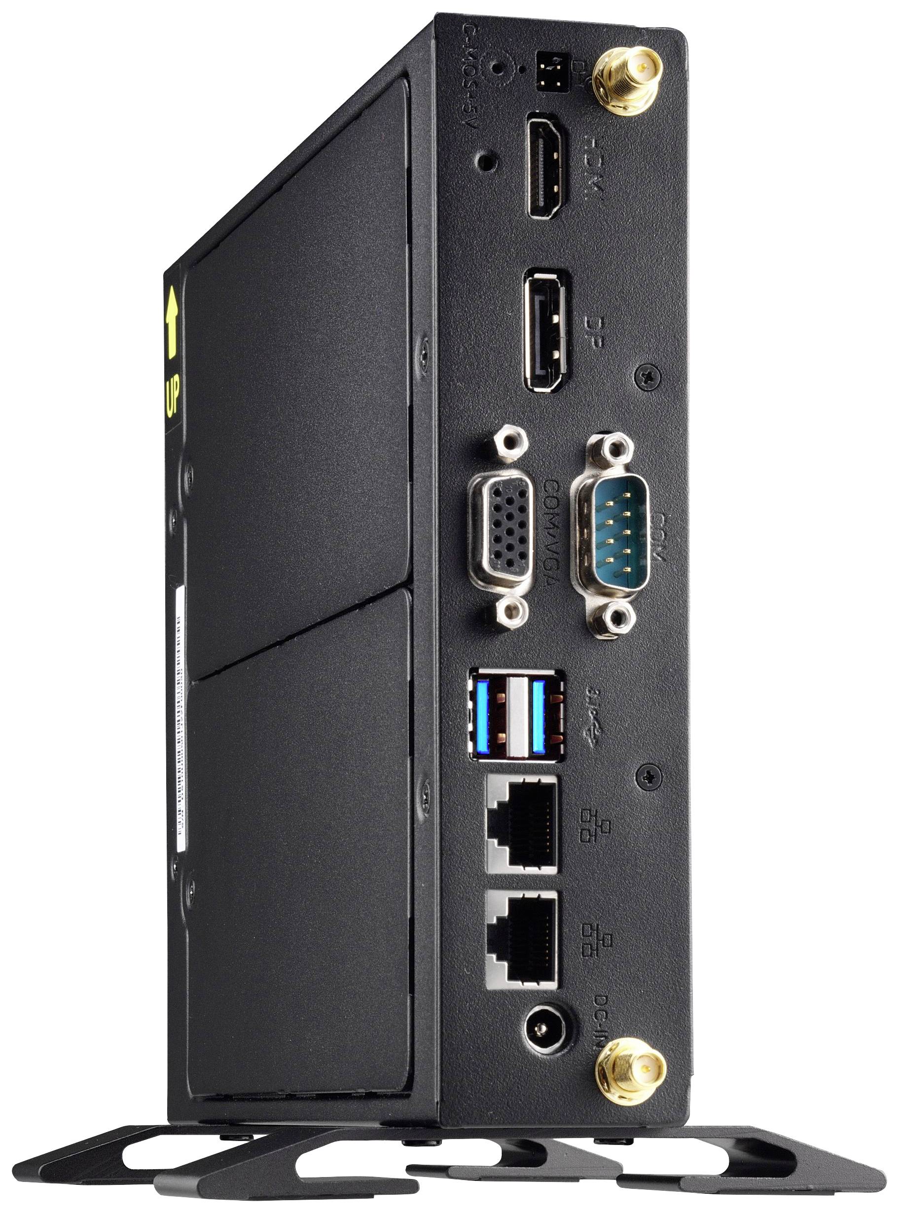 Een compacte zwarte computer met meerdere aansluitingen, waaronder HDMI, USB, LAN en seriële interfaces, op een standaard.