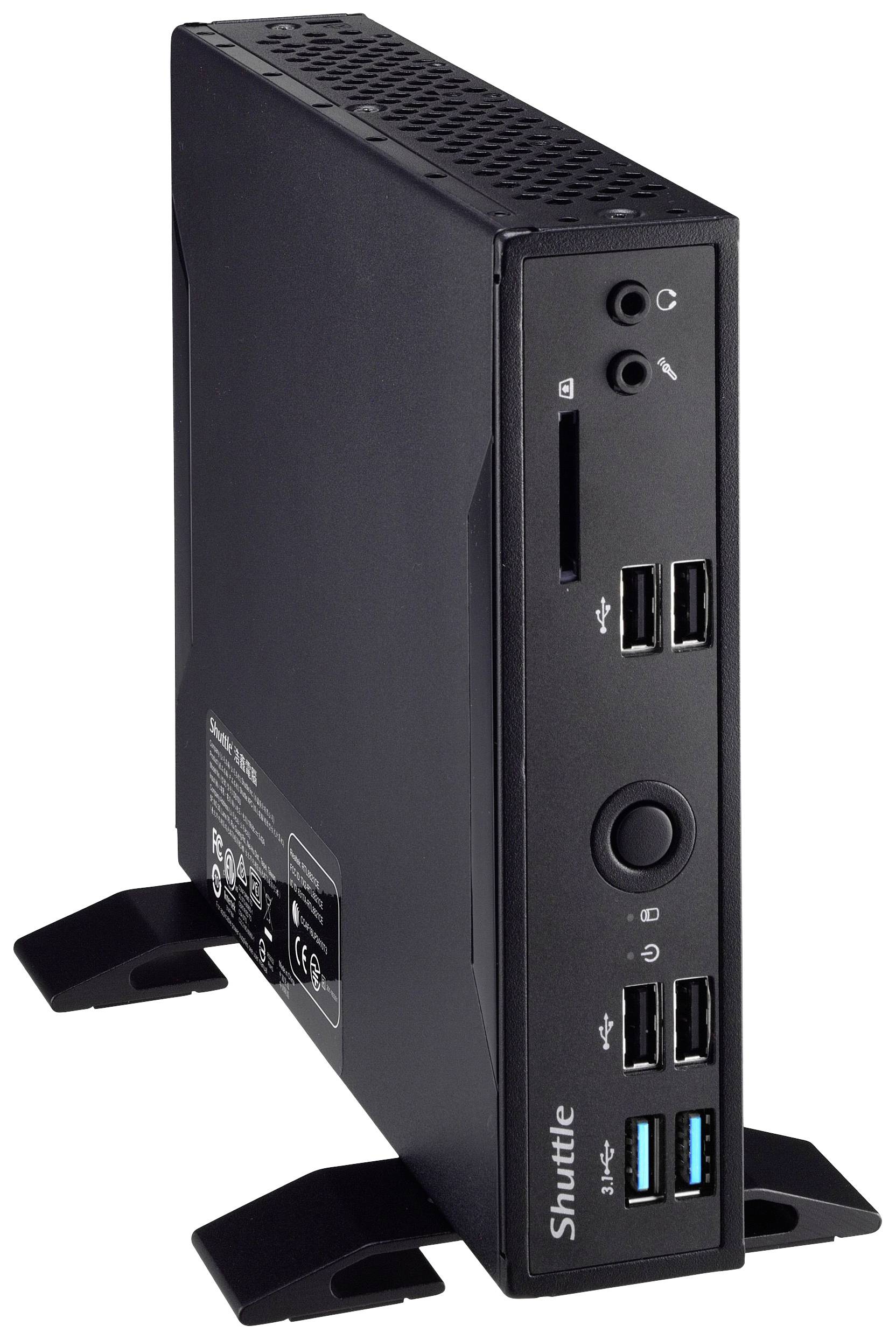 Een kleine, vierkante zwarte desktop-computer op een standaard. Voorzijde met meerdere USB-poorten en knoppen.