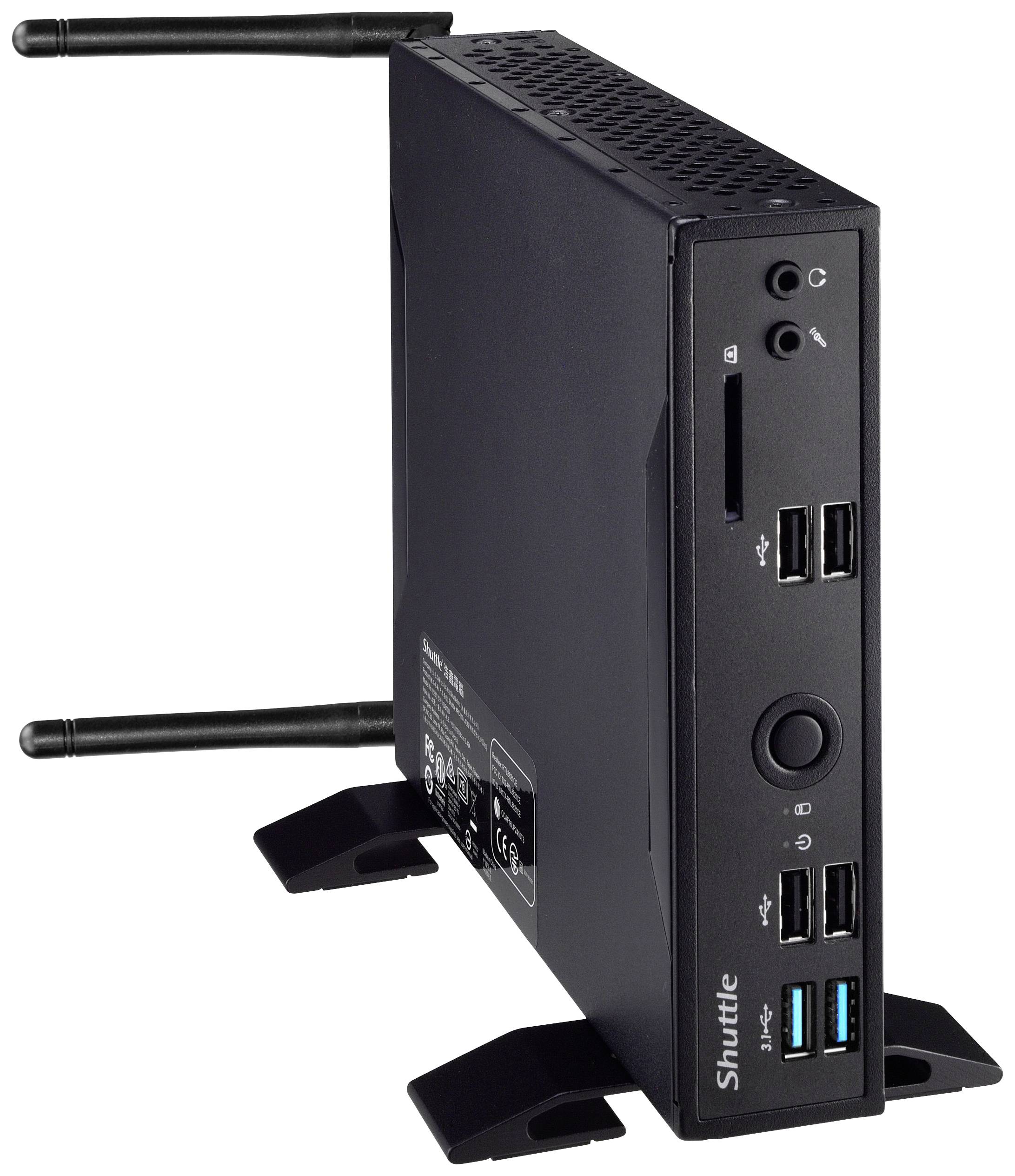 Een compacte, zwarte mini-pc in staande positie met twee antennes. Hij toont verschillende USB-poorten en audio-aansluitingen.