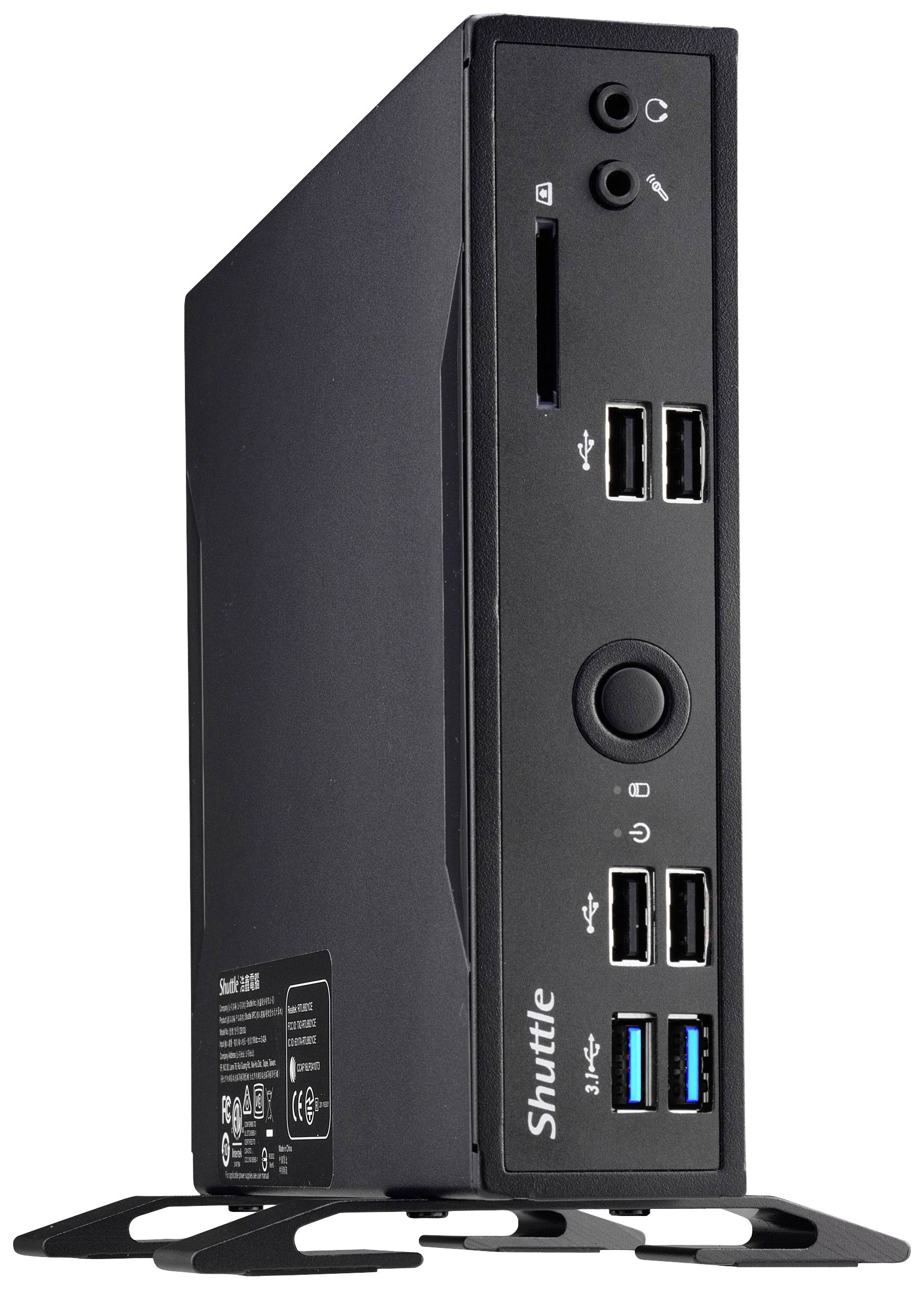 Een zwarte mini-pc met meerdere USB-poorten aan de voorkant, een aan-uitknop en een kaartlezer, staat rechtop op een standaard.