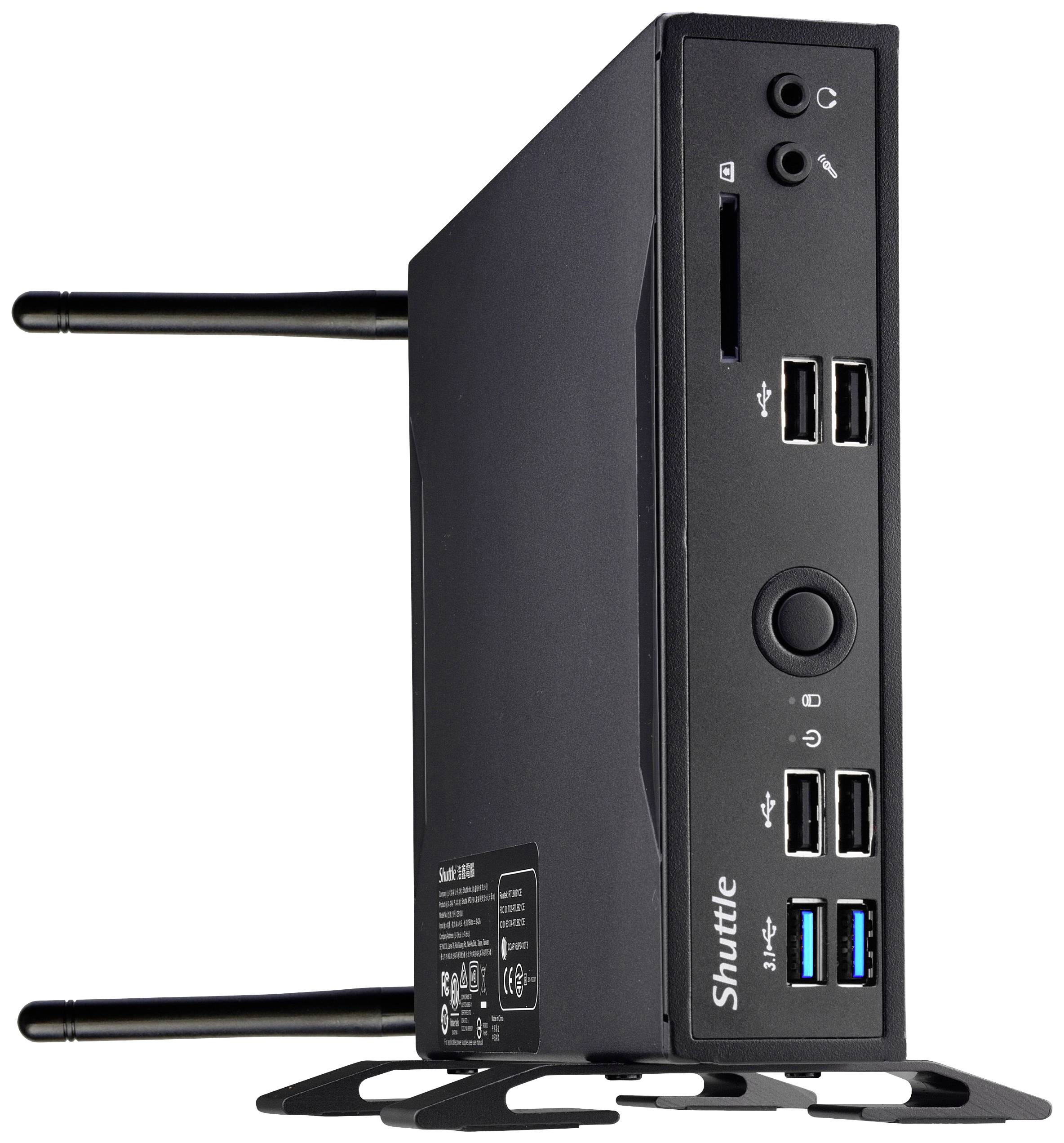 Een zwarte mini-pc met twee antennes en meerdere USB-poorten aan de voorkant. Ideaal voor compacte werkomgevingen.