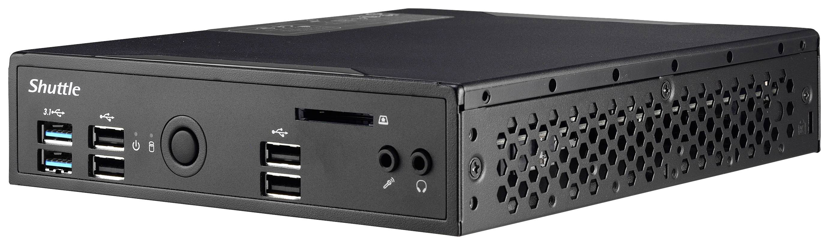 Zwarte Mini-PC van Shuttle met meerdere USB-poorten aan de voorzijde en een ventilatierooster aan de zijkant.