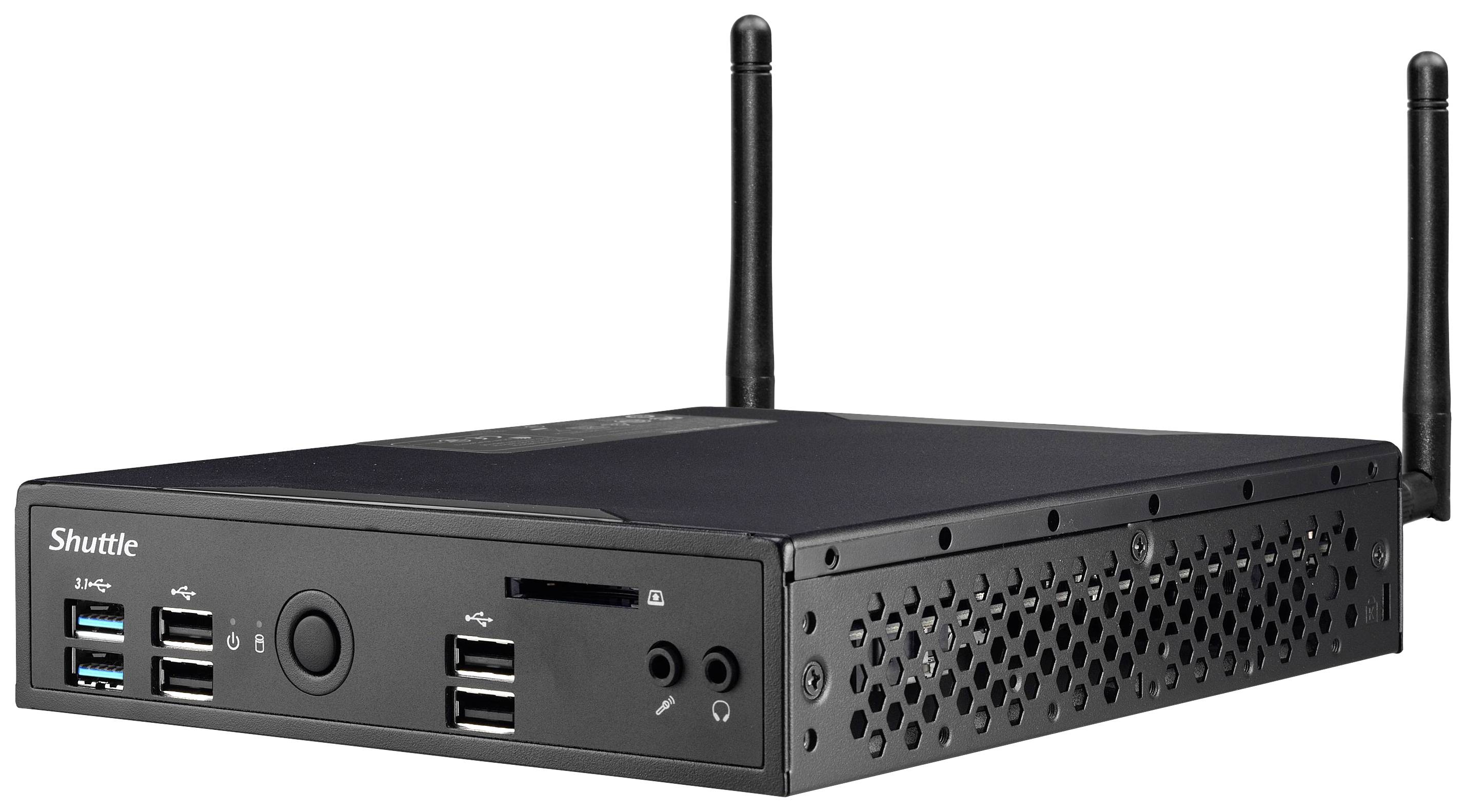 Een zwarte mini-pc met twee antennes, meerdere USB-poorten en ventilatiesleuven, geschikt voor compacte computeroplossingen.