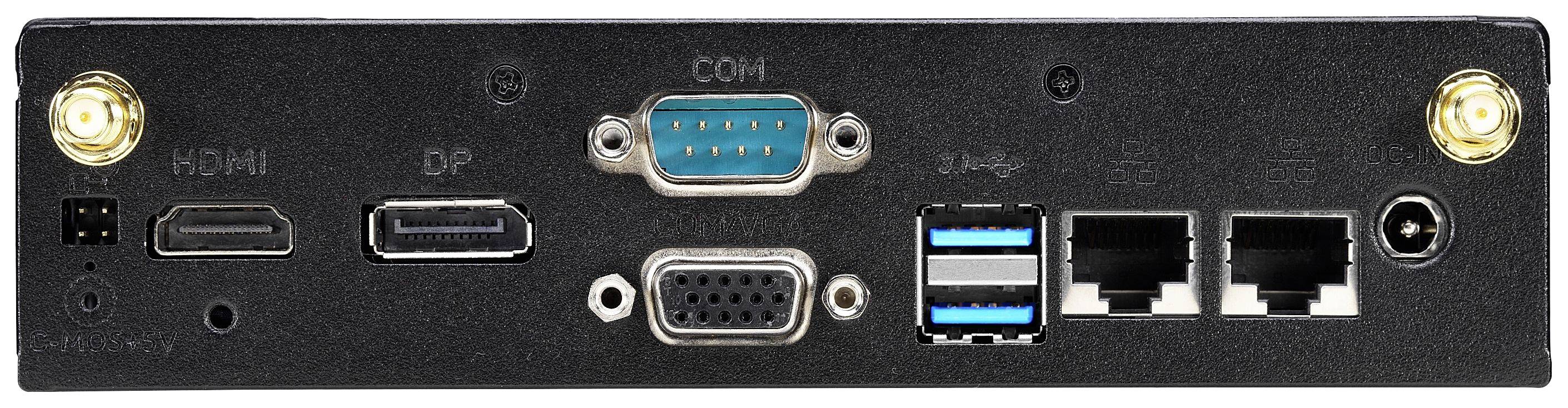 'Achterkant van een elektronisch apparaat met verschillende aansluitingen: twee HDMI, DP, COM, VGA, vier USB, twee Ethernet en twee antenne-aansluitingen.'