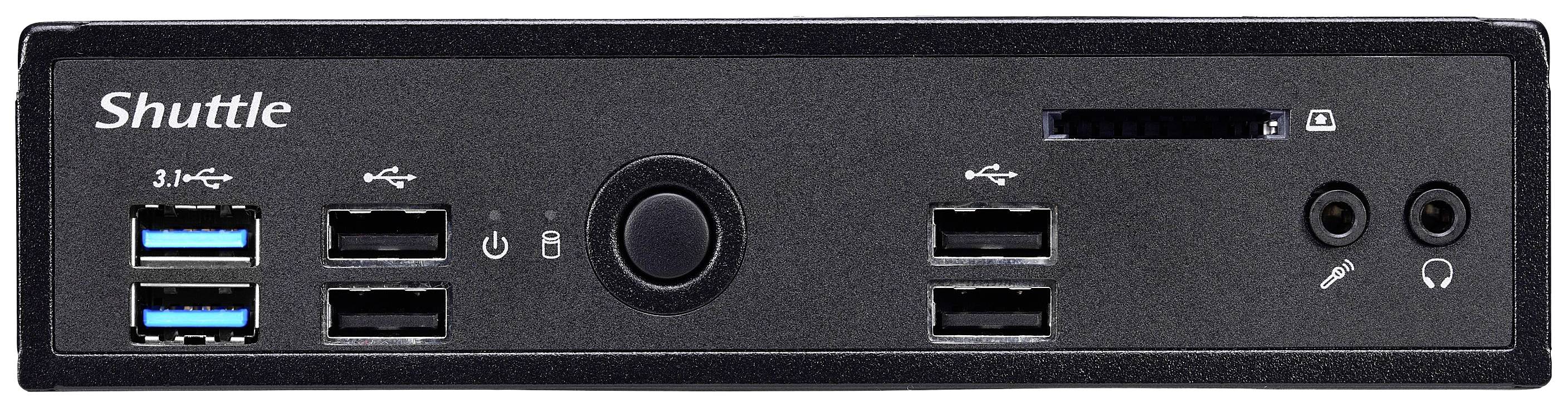 Een zwarte mini-pc van het merk 'Shuttle' met meerdere USB-poorten, koptelefoon- en microfoonaansluitingen aan de voorkant.