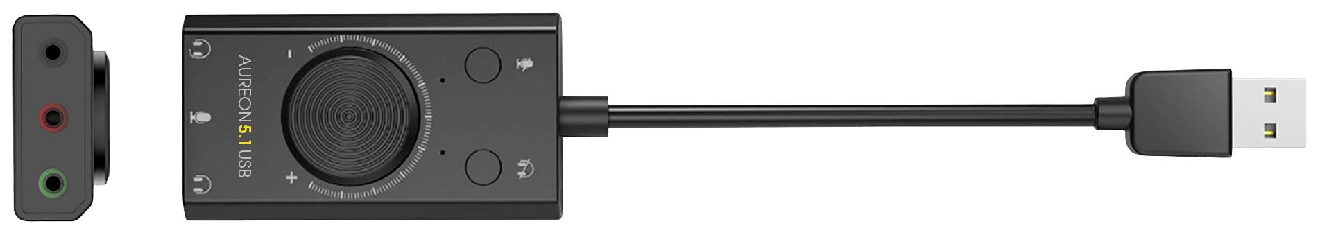 Externe USB-geluidskaart met volumeregelaar en aansluitingen voor microfoon en koptelefoon. Werkt via USB-verbinding.