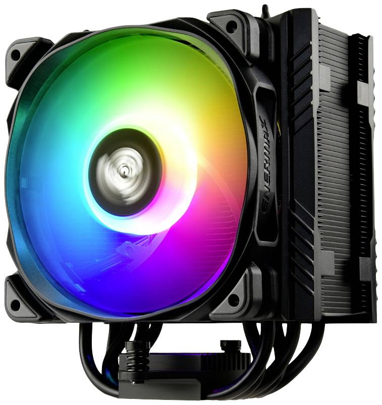 Koeler met verlichte ventilator in regenboogkleuren, gemonteerd op een koellichaam; voor pc-koeling.