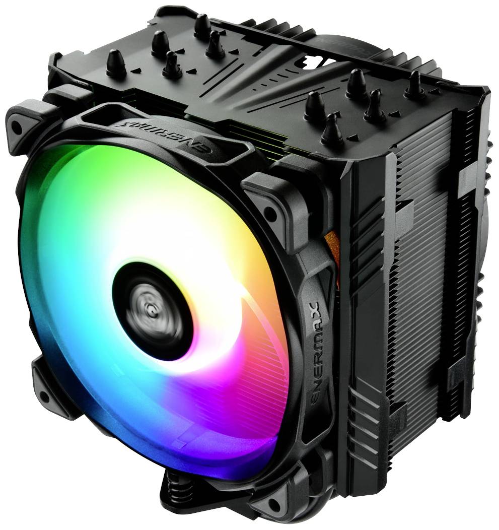 Een zwarte pc-koeler met een verlichte, meerkleurige LED-ventilator. Gedomineerd door de kleuren blauw, groen en rood.