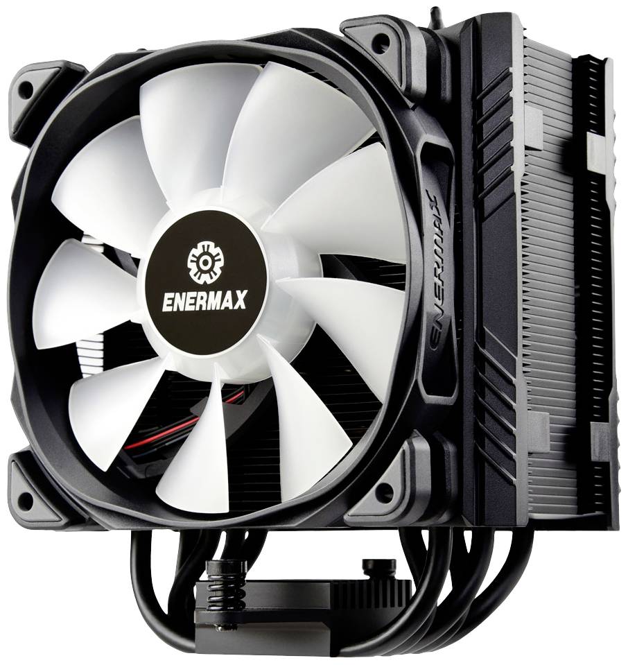 Een zwarte CPU-koeler met een witte ventilator van Enermax, ontworpen voor pc-koeling, toont een robuuste constructie en efficiënte koelribben.