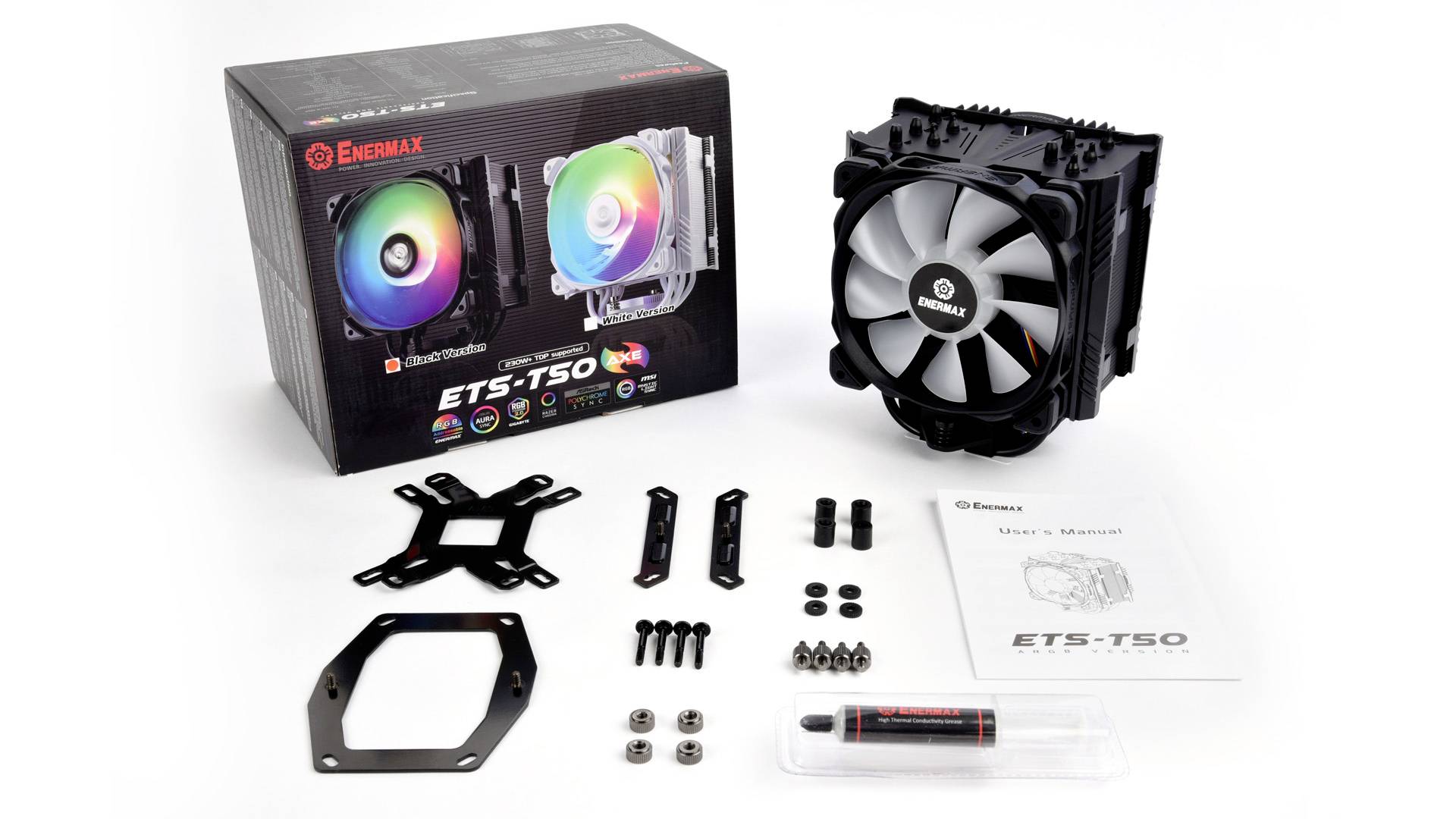 Een CPU-luchtkoeler-set met ventilator, montagetoebehoren en handleiding. Verpakking toont productafbeelding met RGB-verlichting en technische specificaties.