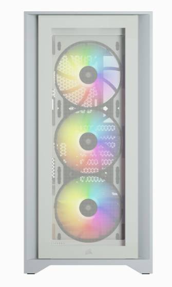 Een wit pc-behuizing met drie verticaal geplaatste, verlichte ventilatoren in regenboogkleuren achter een glazen deur.
