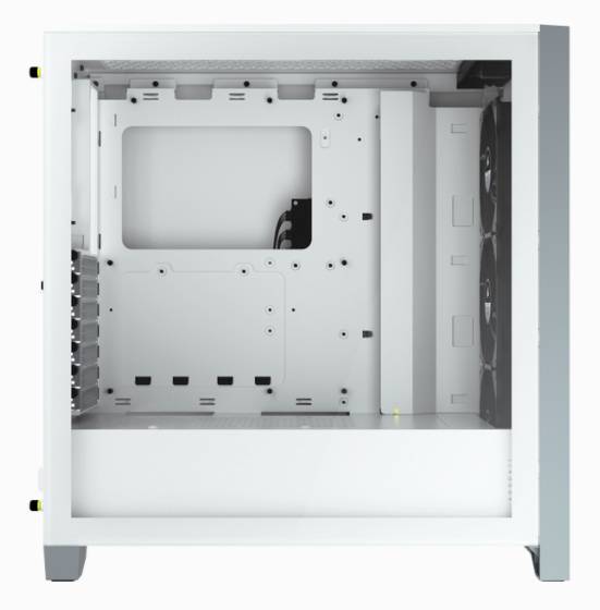 Wit computerbehuizing met transparant zijraam, toont interne bevestigingsbeugels voor componenten, geschikt voor pc-assemblage.