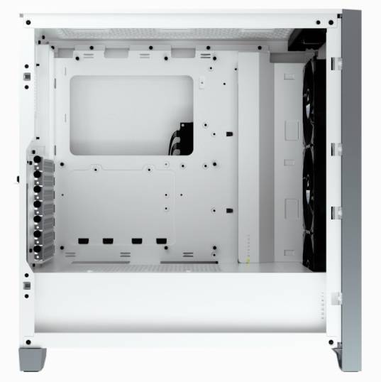 Leeg computerbehuizing met zijdelingse glasplaat, toont ruimte voor moederbord, ventilatoren en uitbreidingsslots. Ideaal voor pc-assemblage.