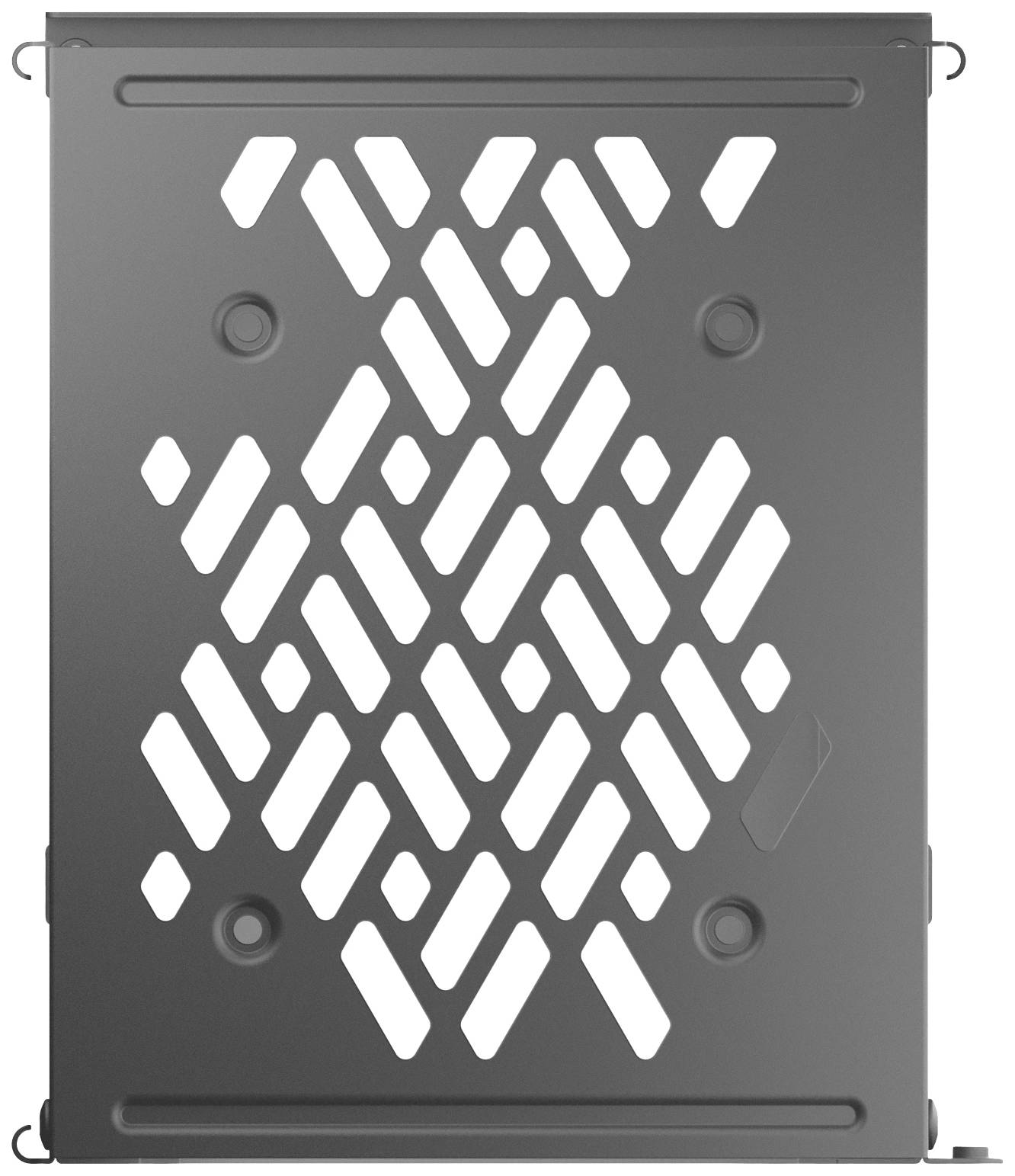 Metalen plaat met symmetrisch, geometrisch patroon van ruitvormige uitsparingen.