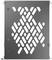 Een rechthoekig, grijs metalen rooster met ruitvormige uitsparingen.