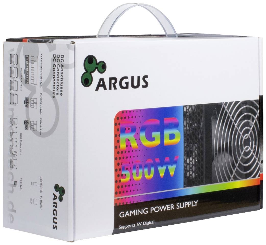 'Gaming-voeding ARGUS RGB 500W' op de verpakking, met 5V digitale ondersteuning en ventilatorweergave.