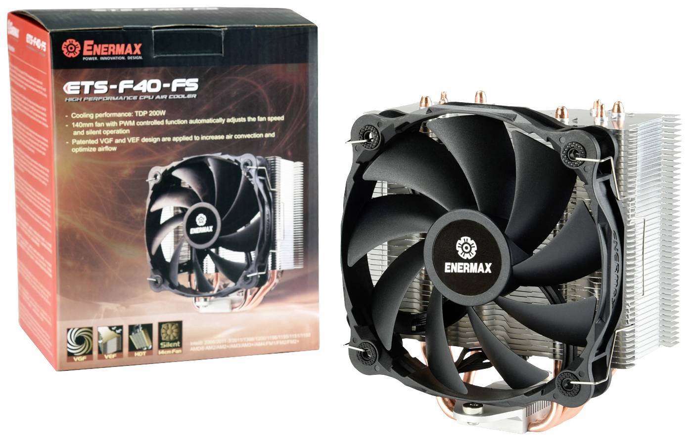 Luftkoeler Enermax ETS-F40-FS met grote ventilatoren en koelvinnen. Verpakking toont de productafbeelding en technische specificaties.