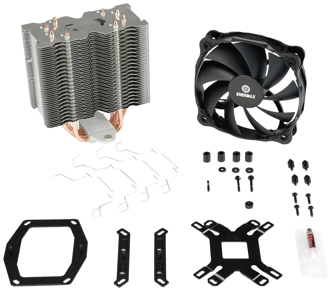Onderdelen van een CPU-koelset, inclusief heatsink, ventilator, bevestigingsbeugels, schroeven en thermische pasta.
