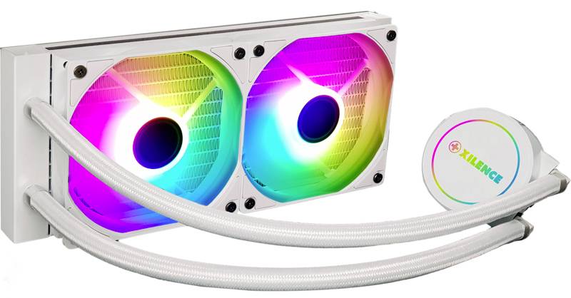 Een dubbele RGB-verlichte waterkoelingsunit met witte slangen en een rond pompbehuizing met logo.