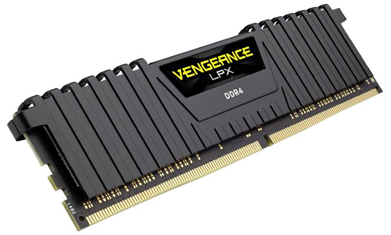 Zwarte RAM-module met 'Vengeance LPX' opschrift, DDR4-type.