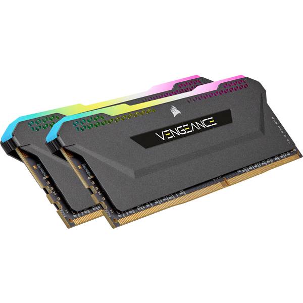 Twee RAM-modules met RGB-verlichting, zwart met een logo in het midden. Ze zijn geschikt voor computerupgrades of -installaties.
