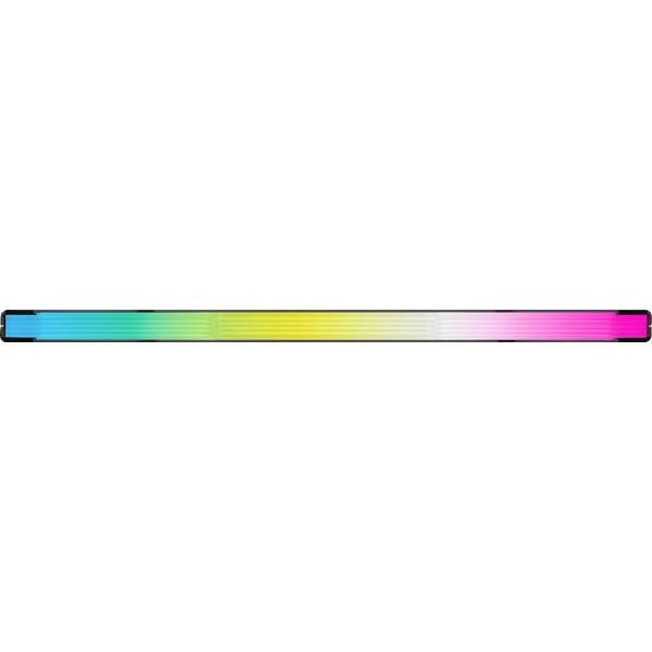Een horizontale LED-lichtstrip toont een kleurverloop van turkoois via groen, geel, wit naar roze.