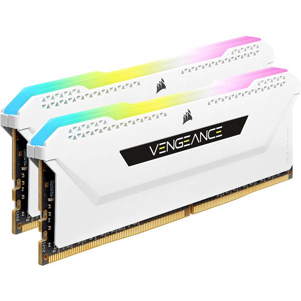 Twee witte RAM-sticks van het merk Vengeance met kleurrijke led's aan de bovenkant, onder een hoek over elkaar geplaatst.