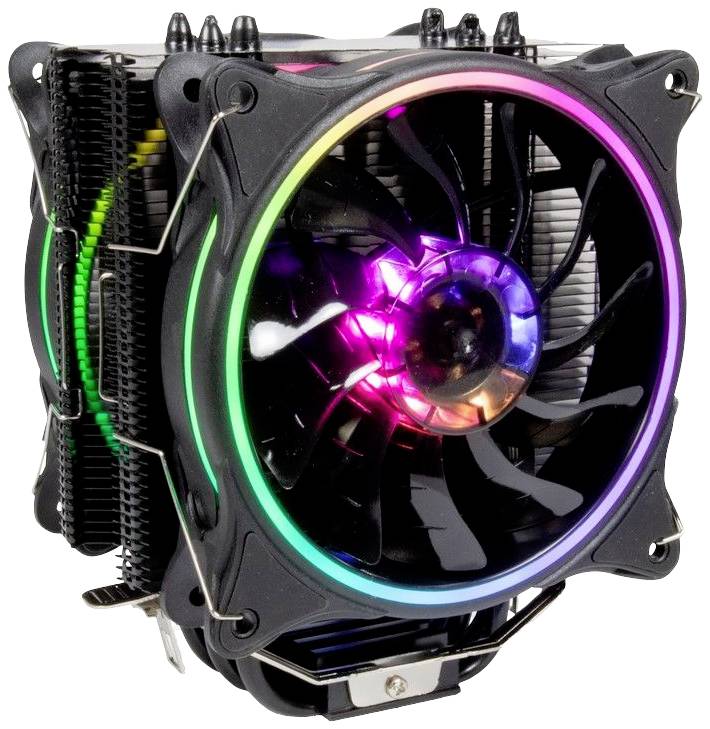 Een zwarte computerventilator met oplichtende, meerkleurige LED-verlichting langs de rand, geschikt voor de koeling van computerprocessoren.