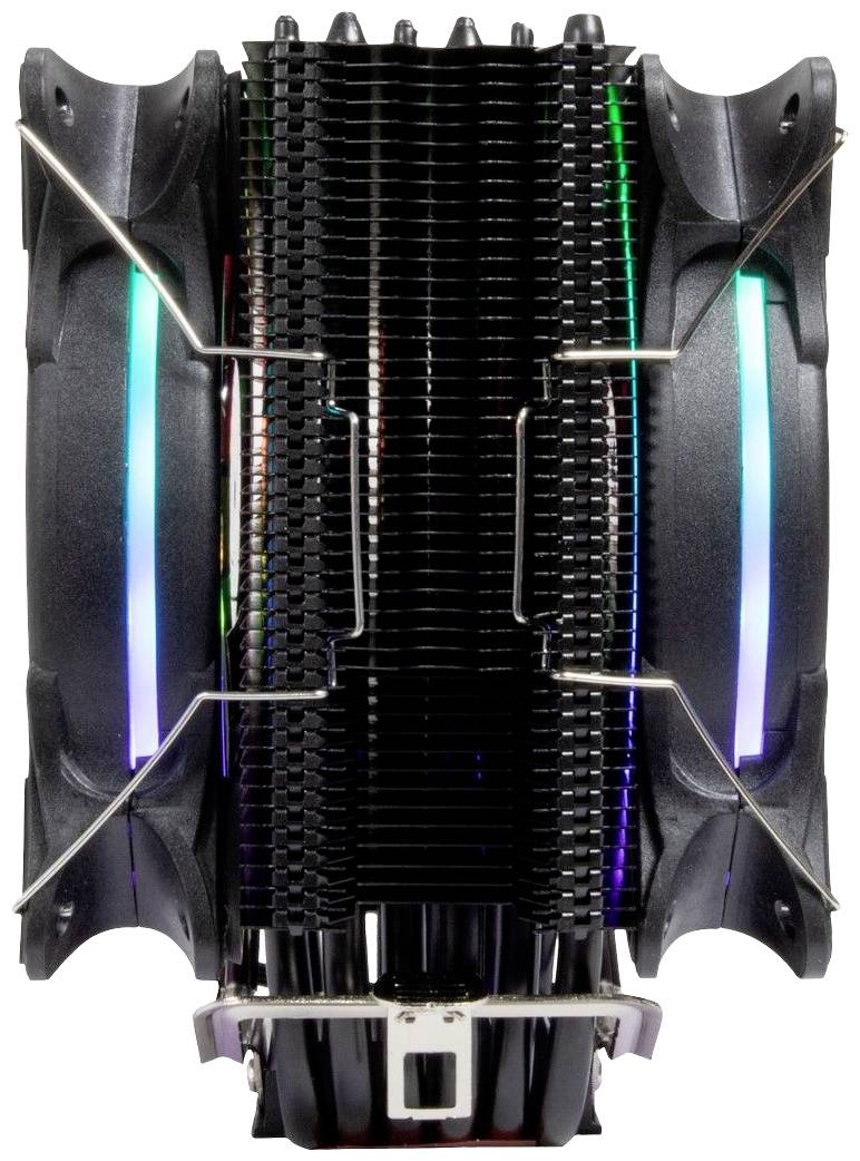Een CPU-koeler met verticale ventilatoren en RGB-verlichting. Geschikt voor de koeling van processors in computers.