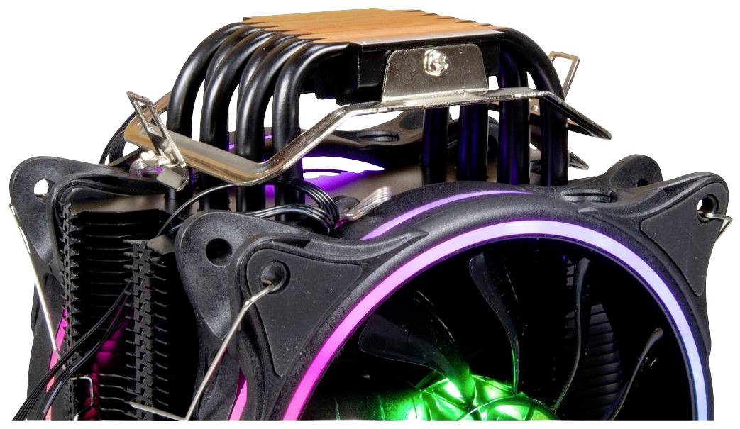 Een CPU-koeler met RGB-verlichting, bestaande uit een koellichaam met meerdere heatpipes en een ventilator, omgeven door lichteffecten.