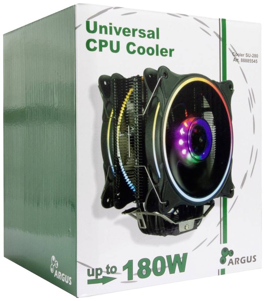 Verpakking van een universele CPU-koeler, geschikt voor tot 180W. Op de verpakking staat een afbeelding van de koeler met RGB-verlichting.