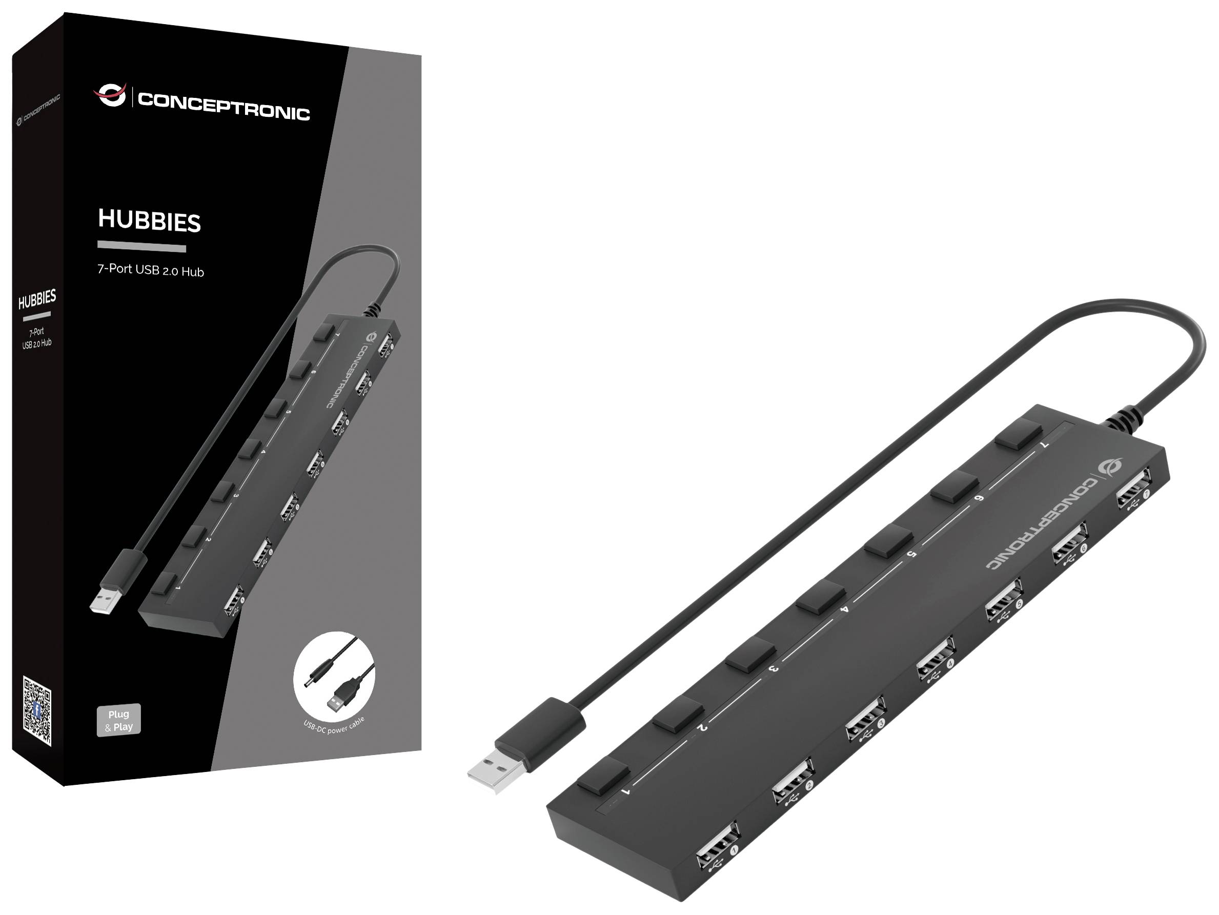 Een zwarte USB-hub met zeven poorten, verbonden via een kabel. Verpakking toont dezelfde productafbeelding en het merklogo.