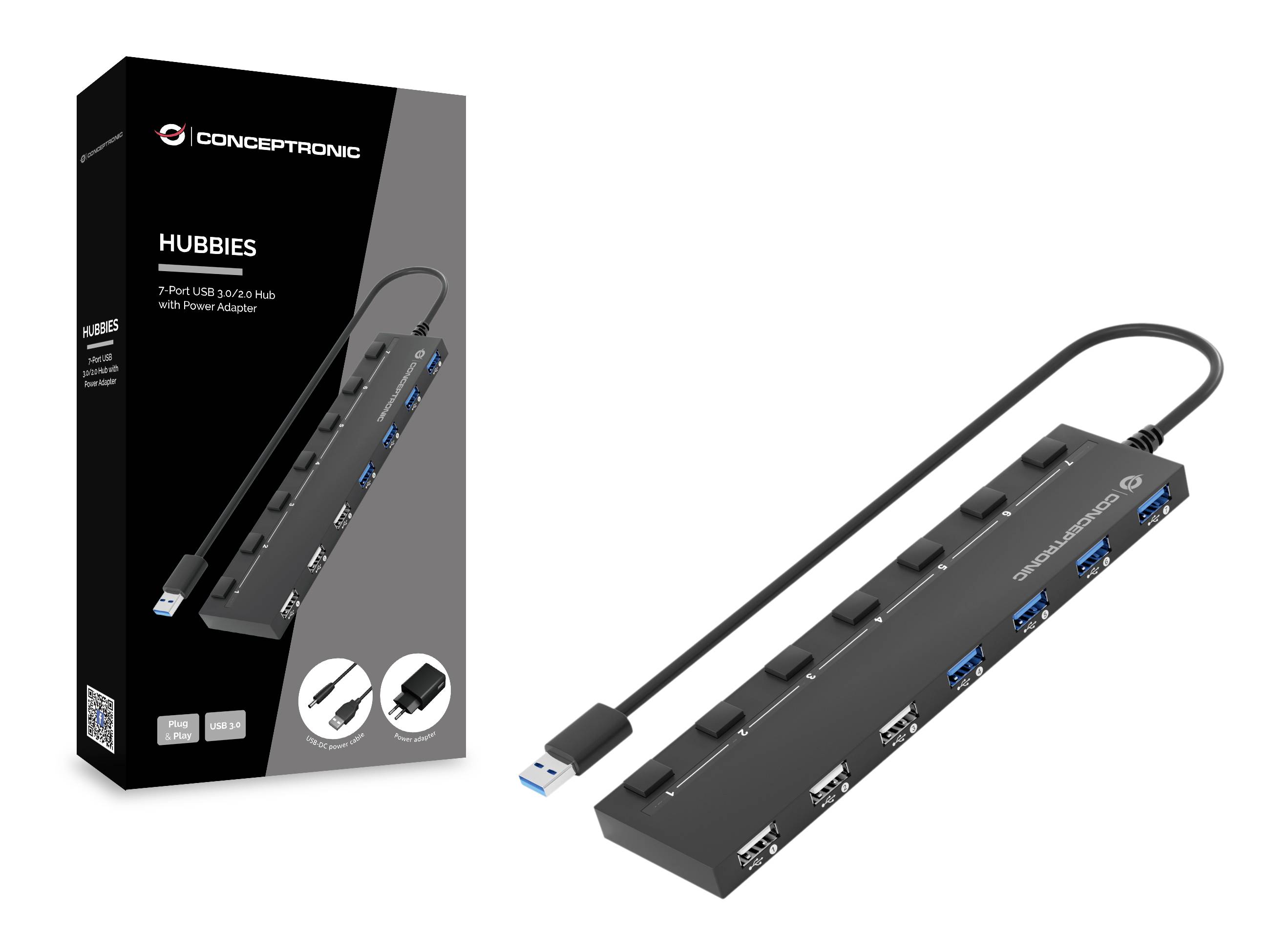 'Conceptronic' 7-poorts USB-hub met stroomadapter, let op apparaataansluiting. Verpakkingsillustratie toont hub en kabel.