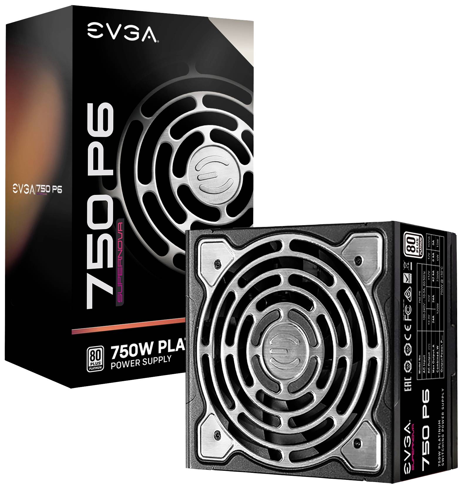 'EVGA 750W Platinum' pc-voeding en verpakking. De verpakking toont het voedingsontwerp met ventilator en benadrukt de prestaties en efficiëntie.