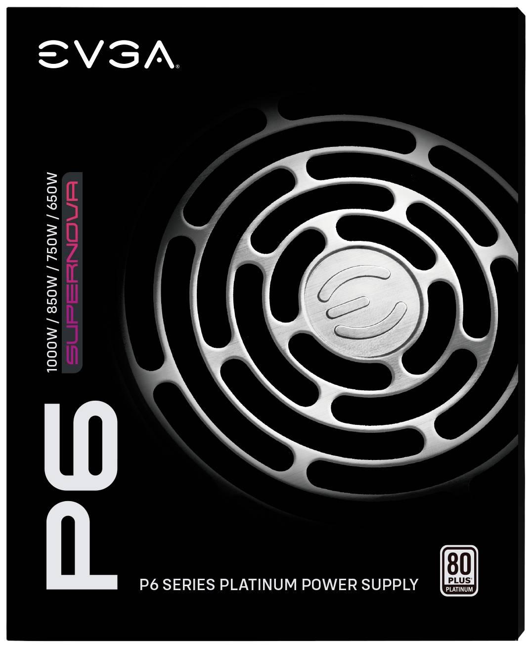 Voedingsadapter 'EVGA Supernova P6', 1000W tot 650W, met 80 Plus Platinum-certificering en ventilatorontwerp aan de voorzijde.