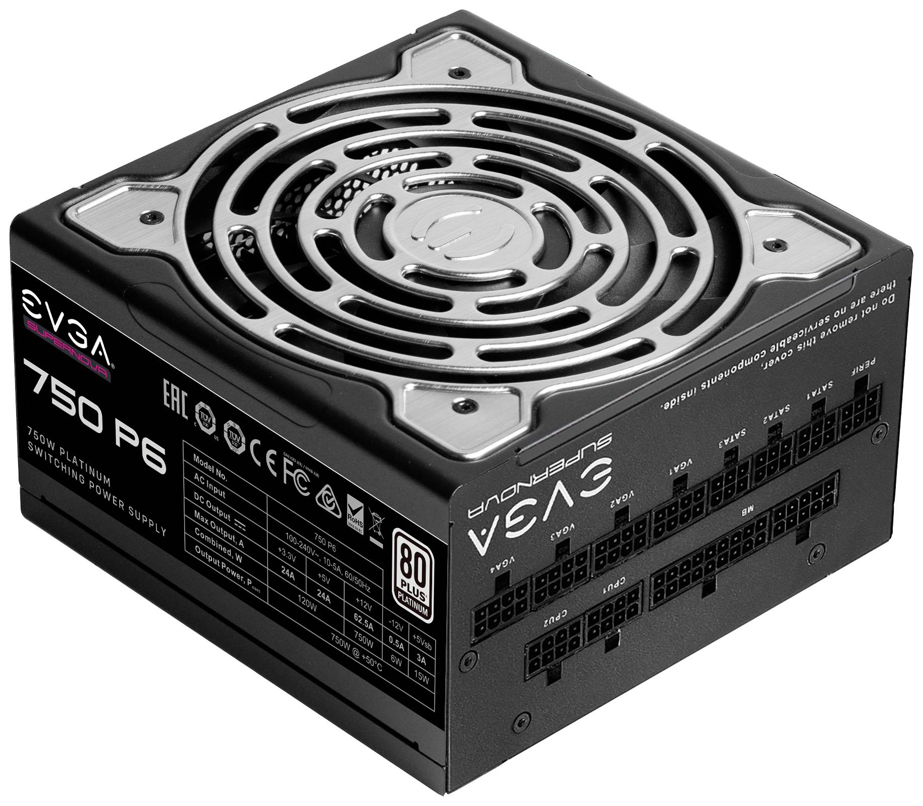 Zwart voedingsapparaat van EVGA, model 750 P6 met 80 Plus Platinum-certificering, ventilatorrooster aan de bovenkant, aansluitingen aan de zijkant.