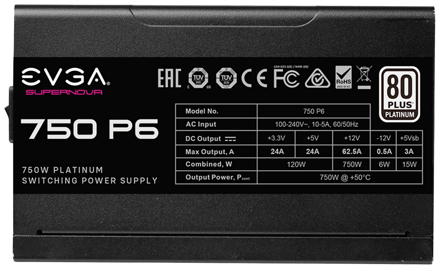 Voeding met model '750 P6', 750W vermogen, 80 Plus Platinum certificering. Voedingsingangen en -uitgangen duidelijk gemarkeerd.