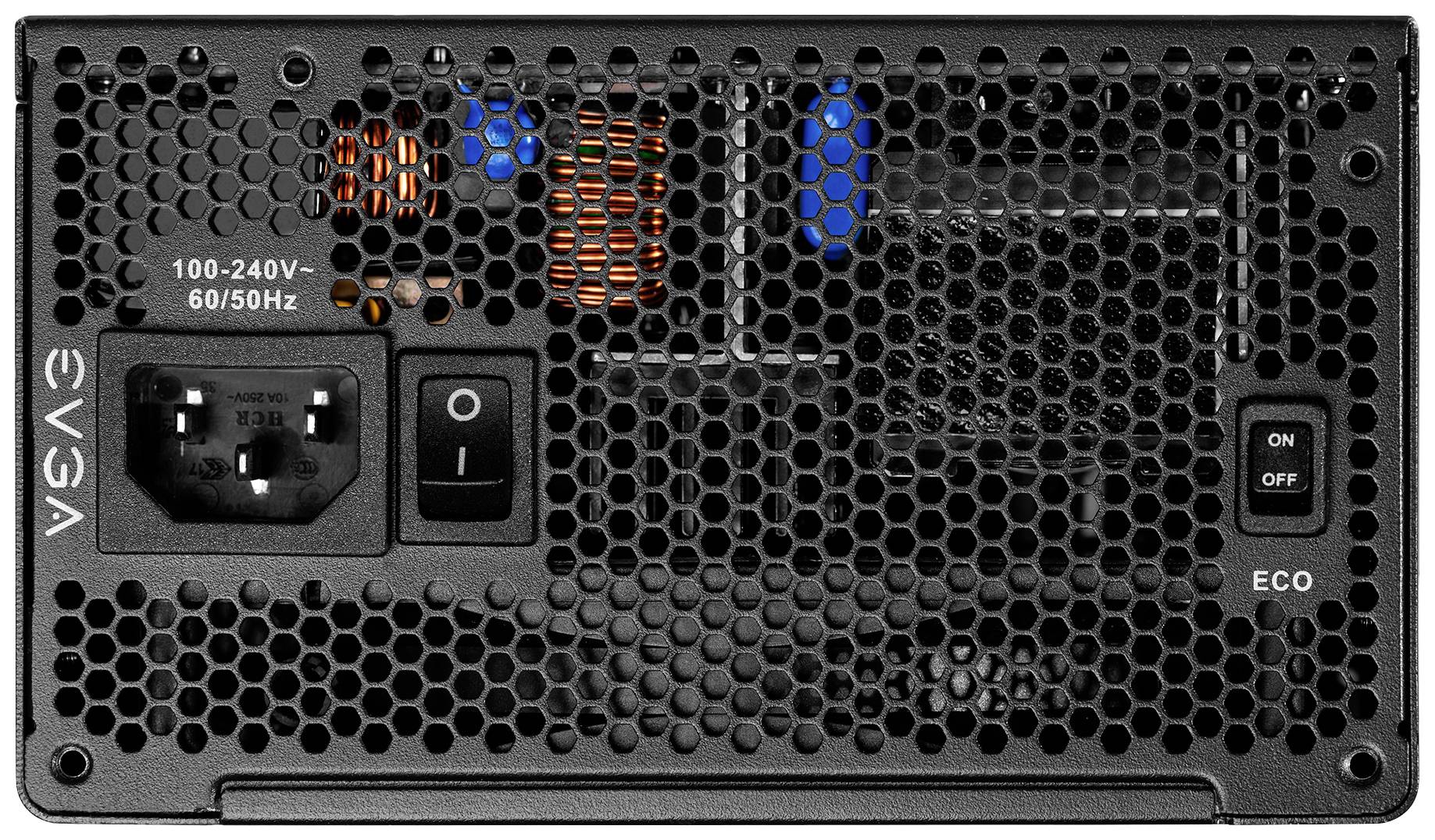 Een zwarte computer-voeding met ventilatierooster. Het toont een schakelaar voor Aan/Uit en ECO-modus, een rode LED en spanningsspecificaties.