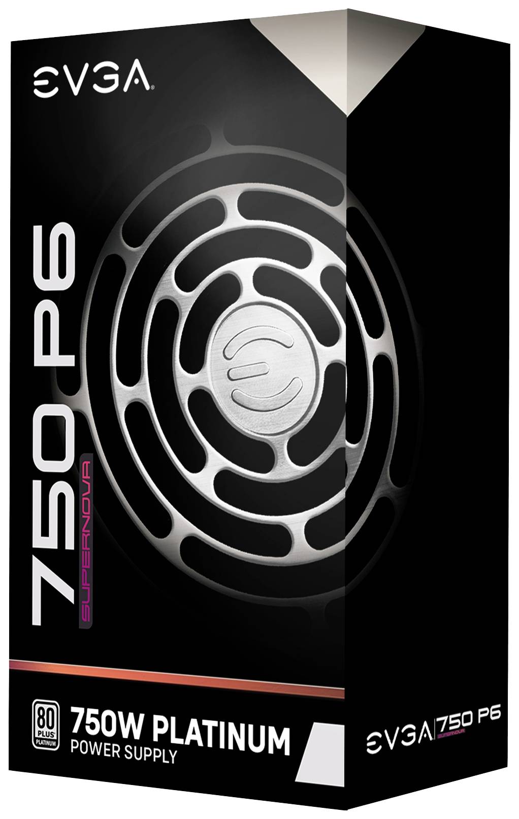 Verpakking van een EVGA Supernova 750 P6 voeding met 750 Watt vermogen en 80 Plus Platinum certificering.
