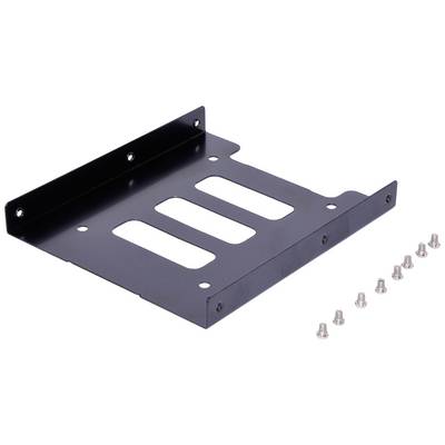 Zwarte metalen beugel voor het monteren van een 2,5-inch schijf in een 3,5-inch sleuf, inclusief acht schroeven.