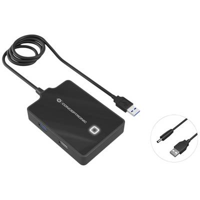 Een USB-hub met meerdere poorten, waaronder USB-A en USB-C. Het apparaat heeft een zwarte behuizing en toont het merklogo.