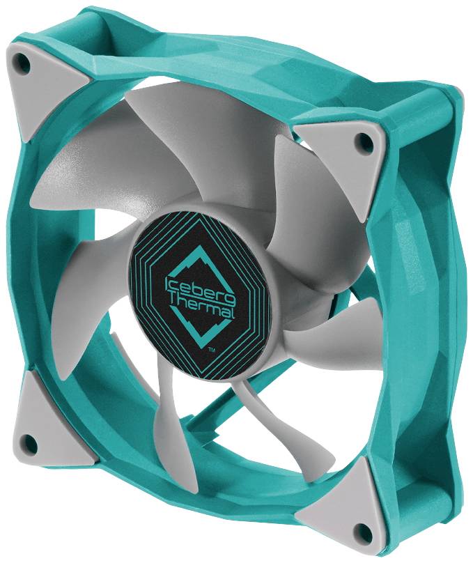 Turquoise computerventilator met grijze bladen. Merklogo 'Iceberg Thermal' op de naaf, illustreert het ontwerp.
